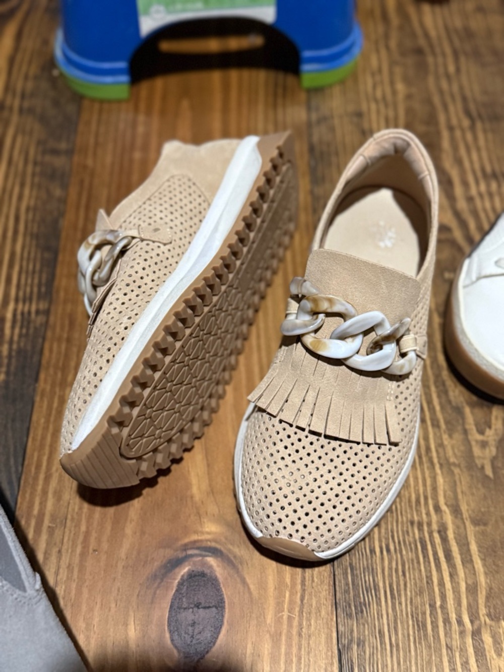 Yellow Box Beige Fringe Slip-On Sneakers with Chain Accent